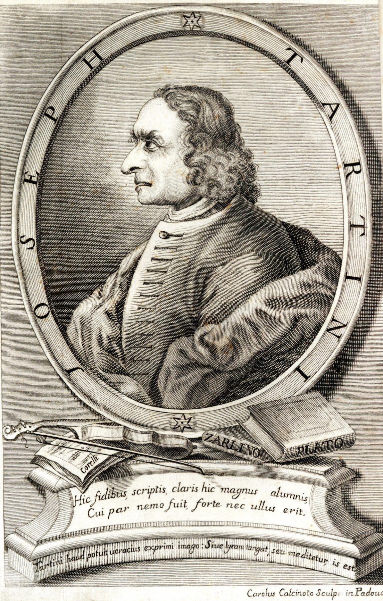 Ritratto di Giuseppe Tartini sul frontespizio dell'«Orazione del signor abate Francesco Fanzago padovano delle lodi di Giuseppe Tartini recitata nella chiesa de' RR. PP. Serviti in Padova li 31. di Marzo l'anno 1770. Con varie note illustrata, e con un breve compendio della vita del medesimo», pubblicata a Padova dalla Stamperia Conzatti nel 1770